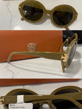 Tory Burch Olive Round Sunglasses with Gold Logo Accents
